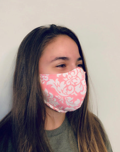 Pink Damask Reusable Fitted Mask w/Filter Pocket - Rock City Skirts